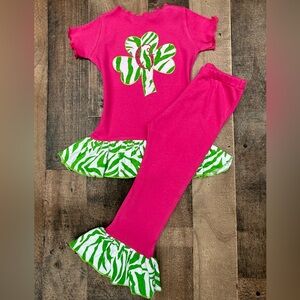 St. Patrick’s Day Lime & White Zebra Print Personalized Ruffled Leggings & Top